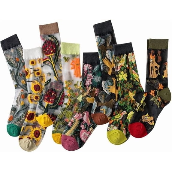 CAILDANL Womens Floral Sheer Socks Summer Thin Mesh Ankle Transparent Crystal Glass Silk Socks Cottagecore Elastic See Through Sock