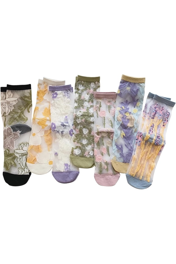 Womens Floral Sheer Socks Summer Thin Mesh Ankle Transparent Crystal Glass Silk Socks Cottagecore Elastic See Through Sock