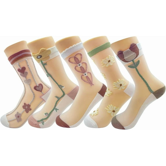 CAILDANL Womens Floral Sheer Socks Summer Thin Mesh Ankle Transparent Crystal Glass Silk Socks Cottagecore Elastic See Through Sock
