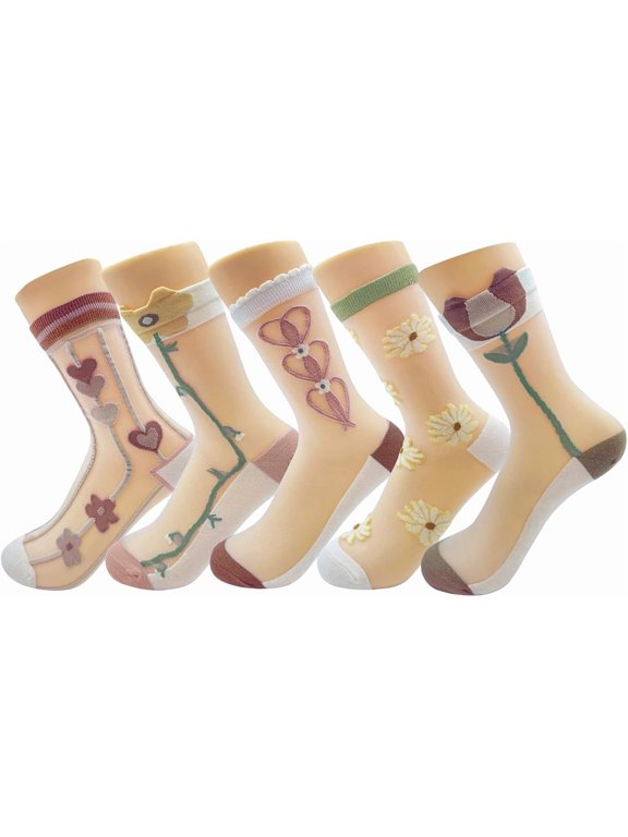 Womens Floral Sheer Socks Summer Thin Mesh Ankle Transparent Crystal Glass Silk Socks Cottagecore Elastic See Through Sock