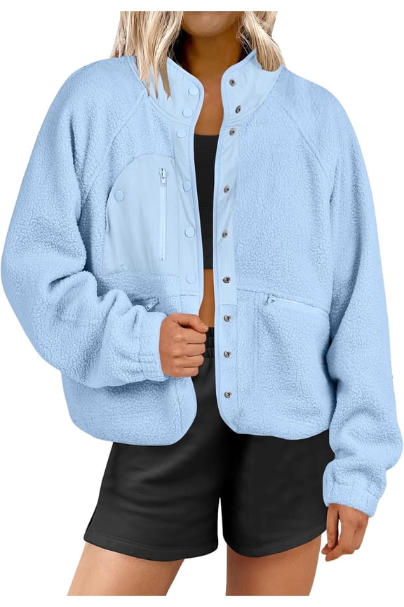 Womens Fuzzy Fleece Jacket Fall Casual Long Sleeve Cropped Sherpa Button Down Shacket Coats Outwear With Pockets