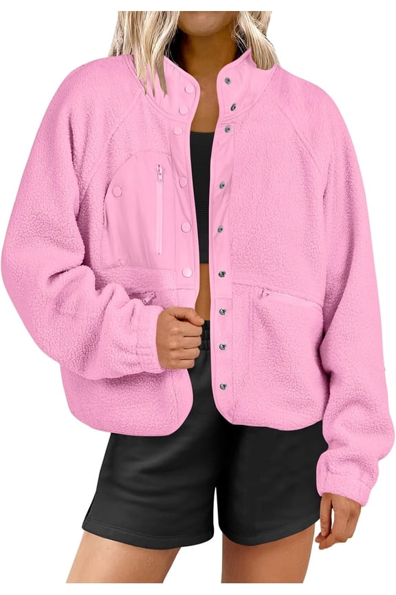 Womens Fuzzy Fleece Jacket Fall Casual Long Sleeve Cropped Sherpa Button Down Shacket Coats Outwear With Pockets