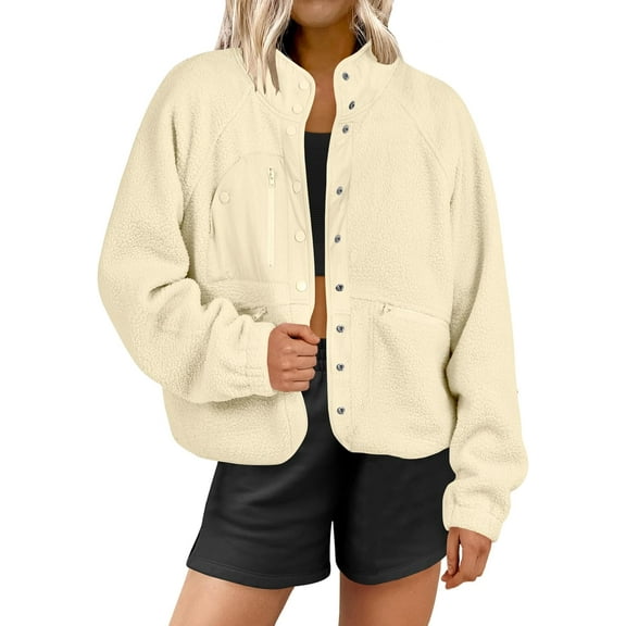 CAILDANL Womens Fuzzy Fleece Jacket Fall Casual Long Sleeve Cropped Sherpa Button Down Shacket Coats Outwear With Pockets