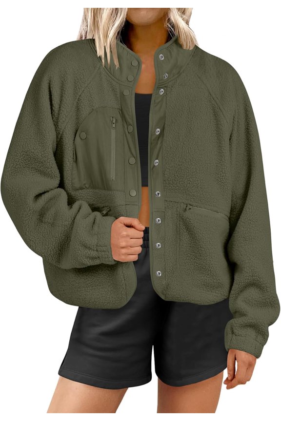 Womens Fuzzy Fleece Jacket Fall Casual Long Sleeve Cropped Sherpa Button Down Shacket Coats Outwear With Pockets