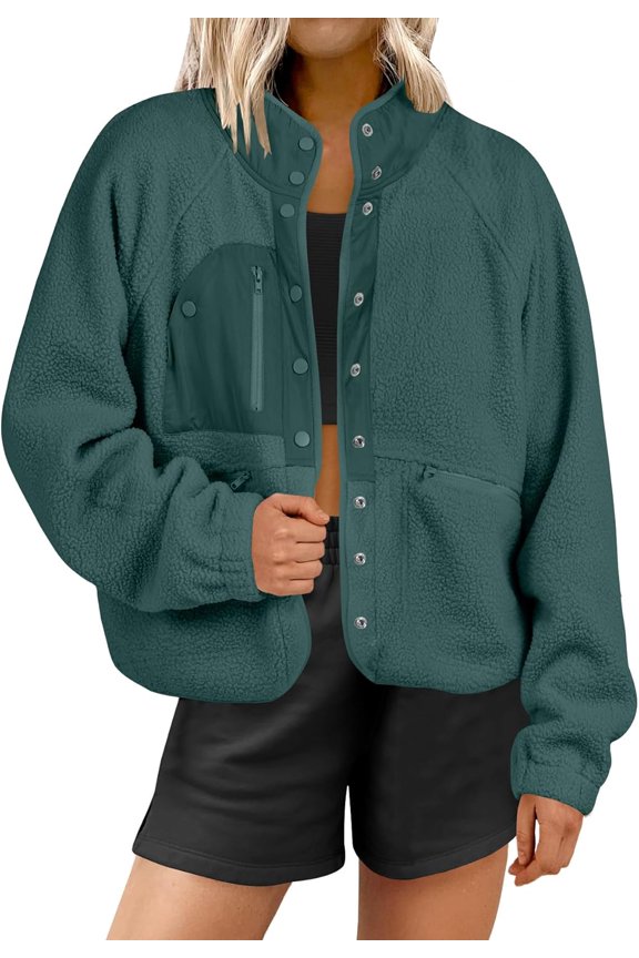 Womens Fuzzy Fleece Jacket Fall Casual Long Sleeve Cropped Sherpa Button Down Shacket Coats Outwear With Pockets