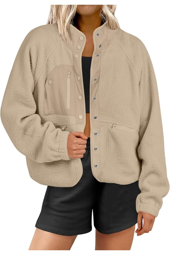 Womens Fuzzy Fleece Jacket Fall Casual Long Sleeve Cropped Sherpa Button Down Shacket Coats Outwear With Pockets