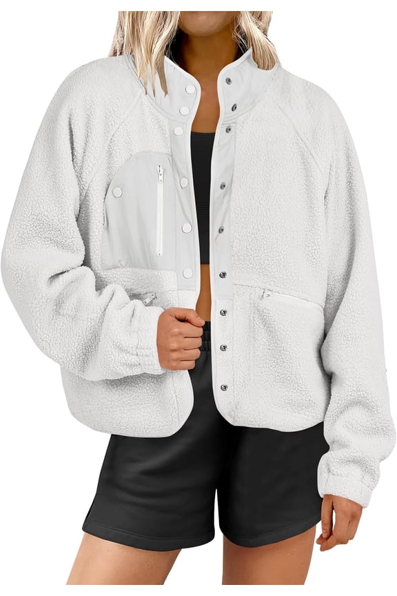 Womens Fuzzy Fleece Jacket Fall Casual Long Sleeve Cropped Sherpa Button Down Shacket Coats Outwear With Pockets