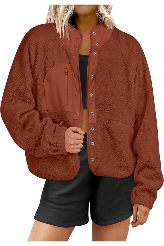 Womens Fuzzy Fleece Jacket Fall Casual Long Sleeve Cropped Sherpa Button Down Shacket Coats Outwear With Pockets