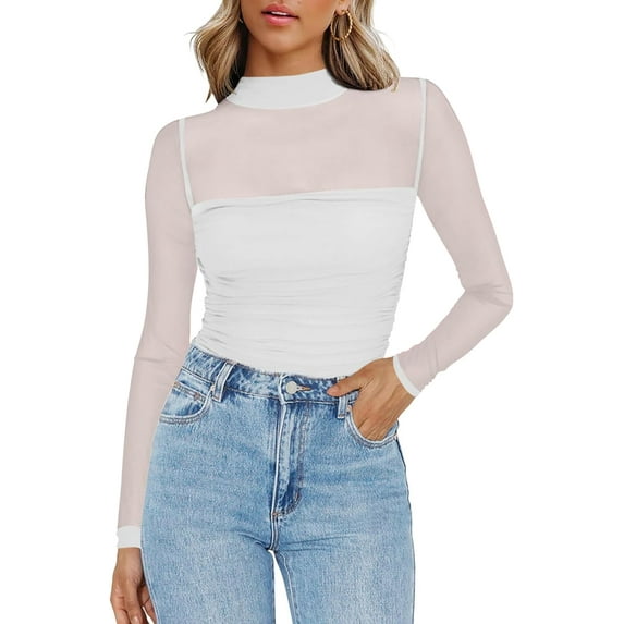 CAILDANL Womens Mesh Sheer Long Sleeve Top Mock Turtle Neck See Though Shirts Ruched Sexy Casual Going Out Blouses