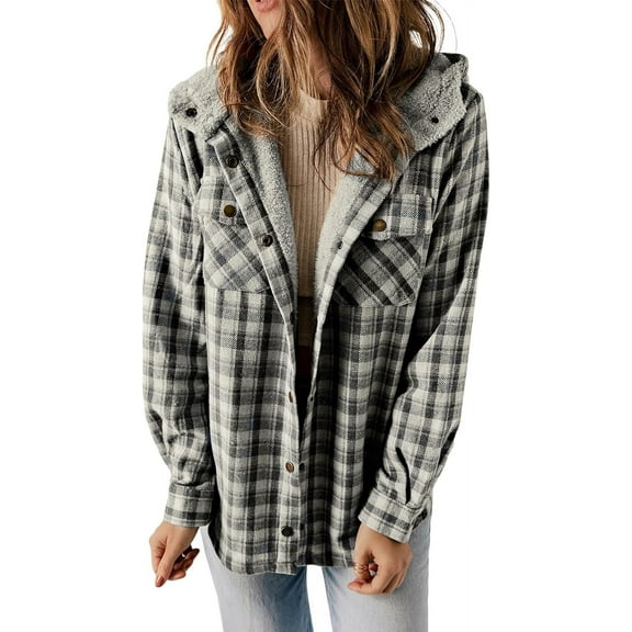 CAILDANL Womens Plaid Shacket Jacket Long Sleeve Button Down Fleece Hooded Jackets Warm Coat