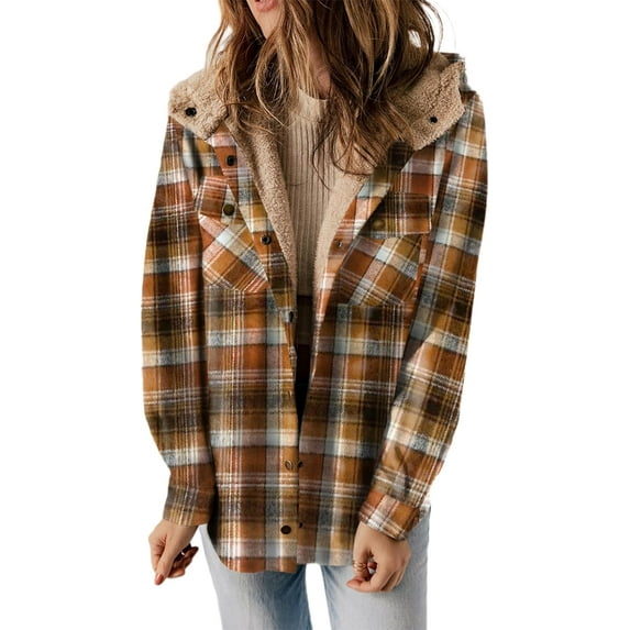 CAILDANL Womens Plaid Shacket Jacket Long Sleeve Button Down Fleece Hooded Jackets Warm Coat