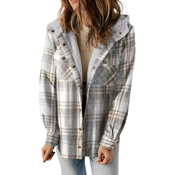 CAILDANL Womens Plaid Shacket Jacket Long Sleeve Button Down Fleece Hooded Jackets Warm Coat