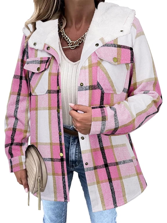 Womens Plaid Shacket Jacket Long Sleeve Fleece Hooded Jackets Fall Winter Warm Coat S-2XL