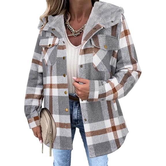 CAILDANL Womens Plaid Shacket Jacket Long Sleeve Fleece Hooded Jackets Fall Winter Warm Coat S-2XL