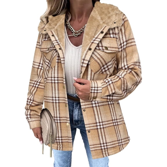 CAILDANL Womens Plaid Shacket Jacket Long Sleeve Fleece Hooded Jackets Fall Winter Warm Coat S-2XL