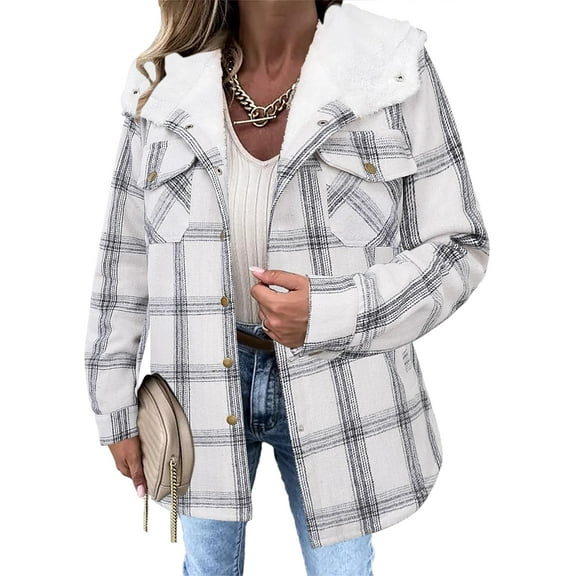 CAILDANL Womens Plaid Shacket Jacket Long Sleeve Fleece Hooded Jackets Fall Winter Warm Coat S-2XL
