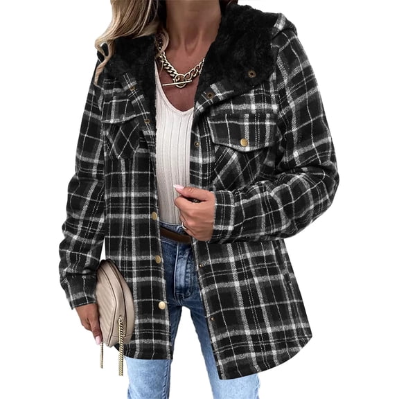 CAILDANL Womens Plaid Shacket Jacket Long Sleeve Fleece Hooded Jackets Fall Winter Warm Coat S-2XL