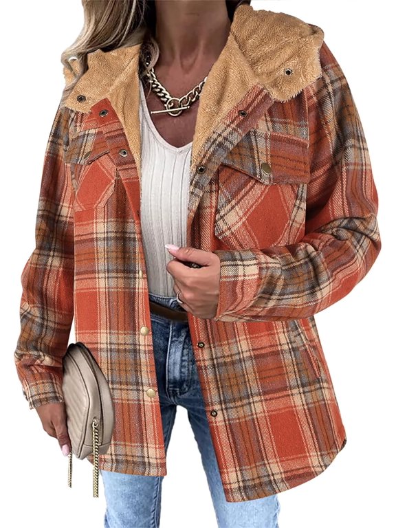 Womens Plaid Shacket Jacket Long Sleeve Fleece Hooded Jackets Fall Winter Warm Coat S-2XL