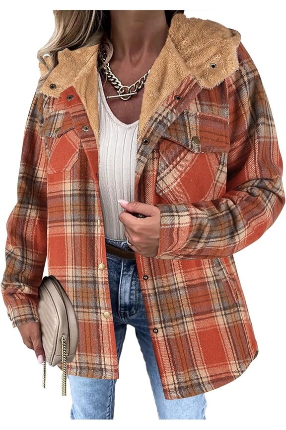 Womens Plaid Shacket Jacket Long Sleeve Fleece Hooded Jackets Fall Winter Warm Coat S-2XL