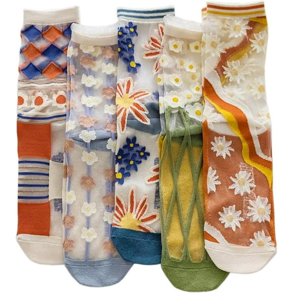 CAILDANL Womens Sheer Socks, Summer Transparent Thin Vintage Flower/Polka Dot Mesh Lace Elastic Jacquard Crystal Glass Socks
