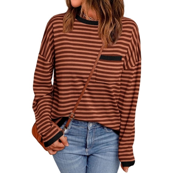 CAILDANL Womens Striped Soft Knit Pullover Sweater Loose Fit Shirts with Chest Pocket