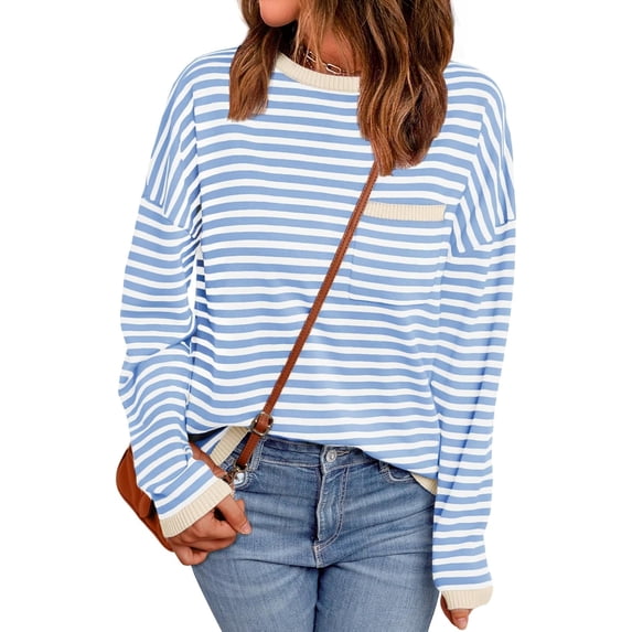 CAILDANL Womens Striped Soft Knit Pullover Sweater Loose Fit Shirts with Chest Pocket