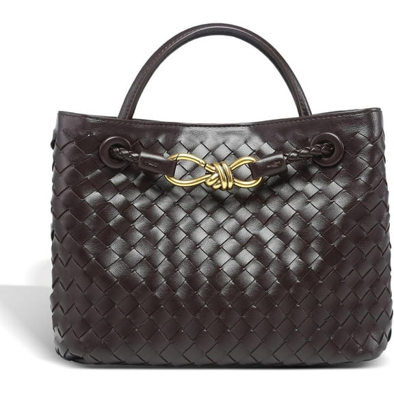 CAILDANL Woven Leather Handbag, Bucket Style Tote with Gold Lock Design, Top Handle Shoulder Bag for Women, Clutch Bag