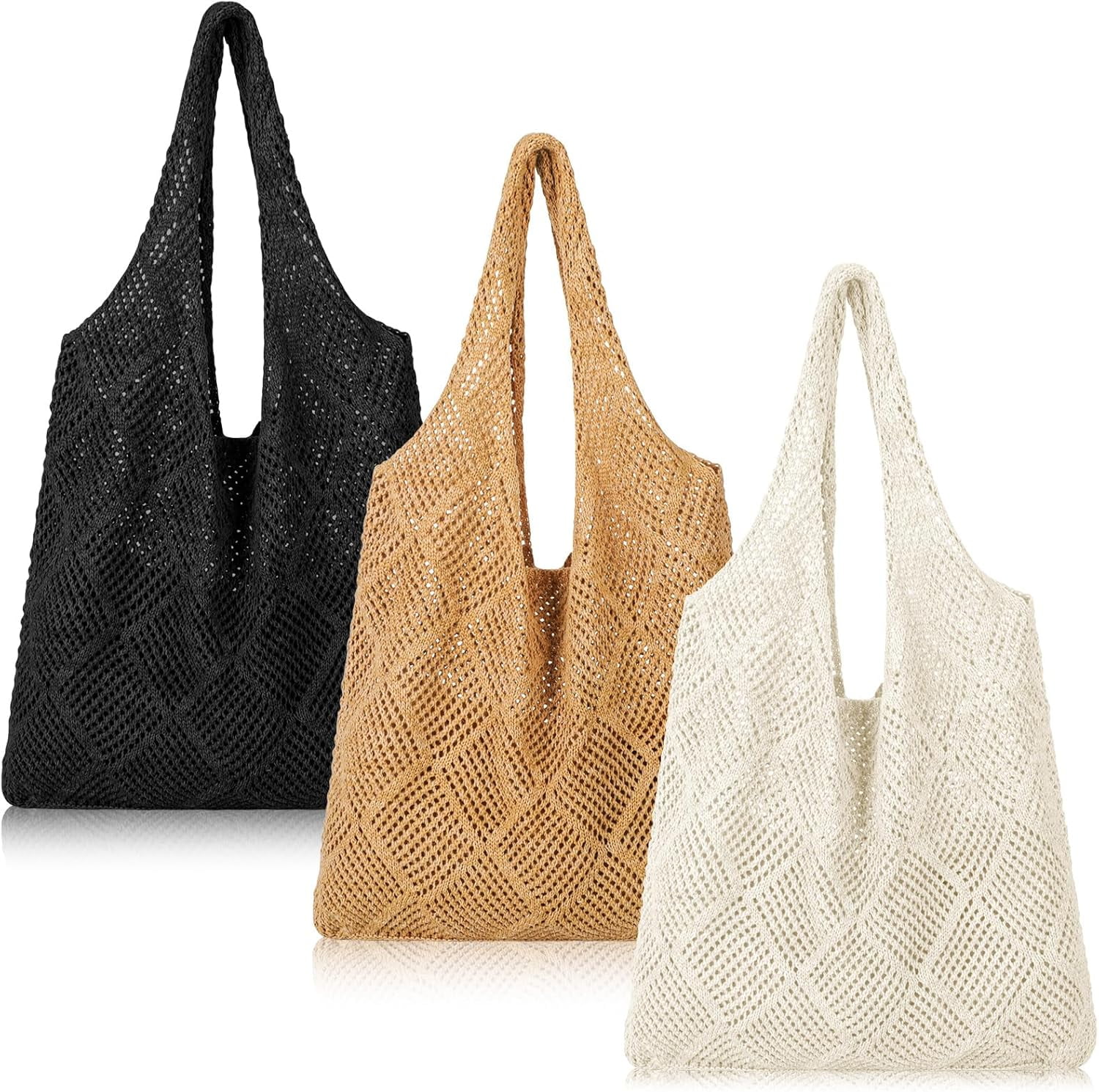 CAILDANL Zonon 3 Pcs Crochet Mesh Beach Tote Bag for Women Summer Hollow Woven Straw Bag Knitted Shoulder Handbags for Boho Aesthetic