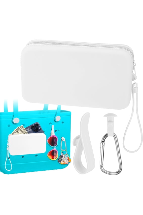rain Silicone Organizer for Bogg Bag Phone Holder, Accessories Set for Bogg Bag Contain 2PCS Key Holder and a Large Capacity Silicone Zipper Bag for Beach Bags Tote Bag (White)
