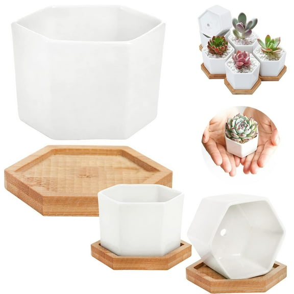 CAIMYY 2-Pack Hexagon Ceramic Plant Pots, 2.76 Inch Modern White Flower Planter with Bamboo Tray for Indoor Outdoor Garden Home Decor