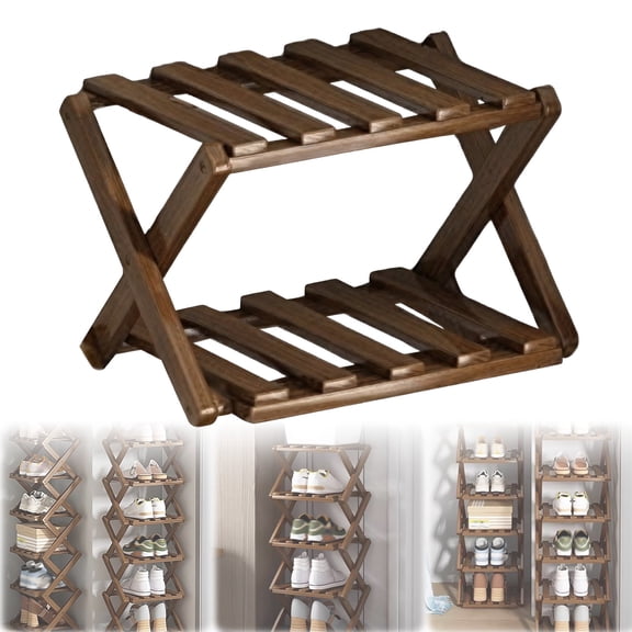 CAIMYY 2-Tier No Assembly Foldable Corner Rack, Brown Slim Narrow Storage Shelf For Closet Laundry Room, Multi-Functional Home Organization