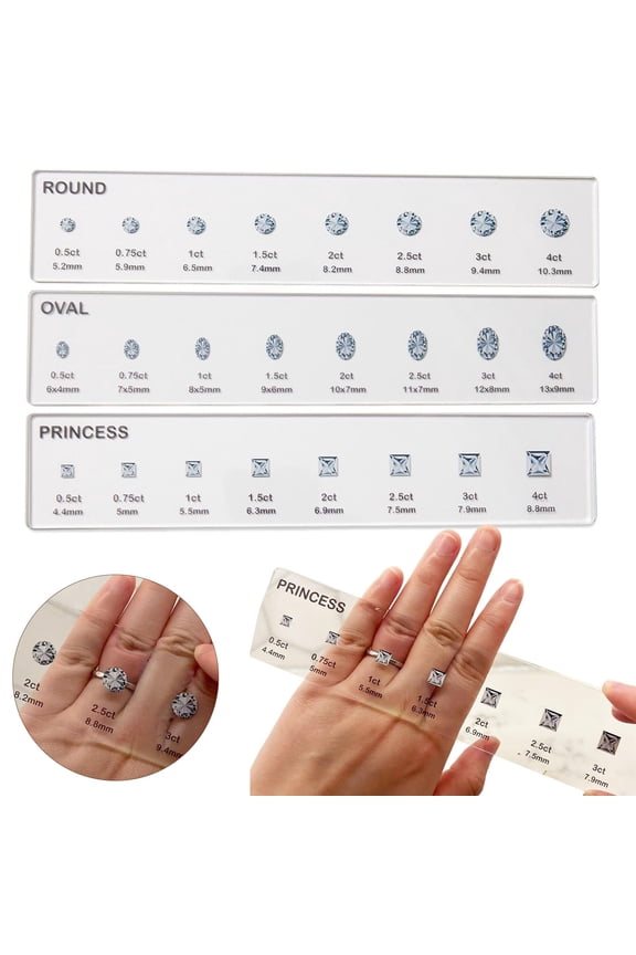 3-Piece Diamond Size Gauge Set, Engagement Ring Sizer Tool for Round and Oval Shape Comparison