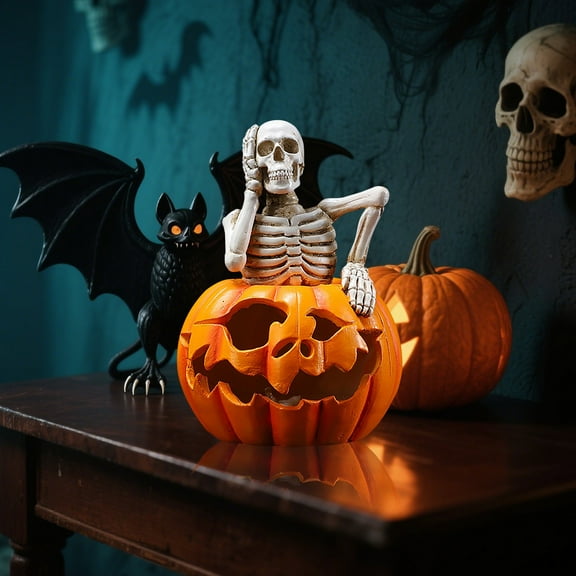 CAIMYY Creepy Pumpkin Skeleton Statue - Halloween Decor for Living Room & Tabletop, Resin Skeleton Holding Pumpkin Ornament - Spooky Indoor Decorations for Home & Office Halloween Display