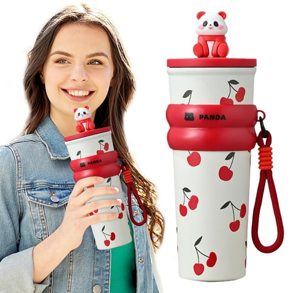 CAIMYY Cute Insulated Water Bottle with Straw - 16oz Vacuum Flask for Kids & Adults, Leakproof Travel Cup with Detachable Strap for School, Car and Outdoor Activities