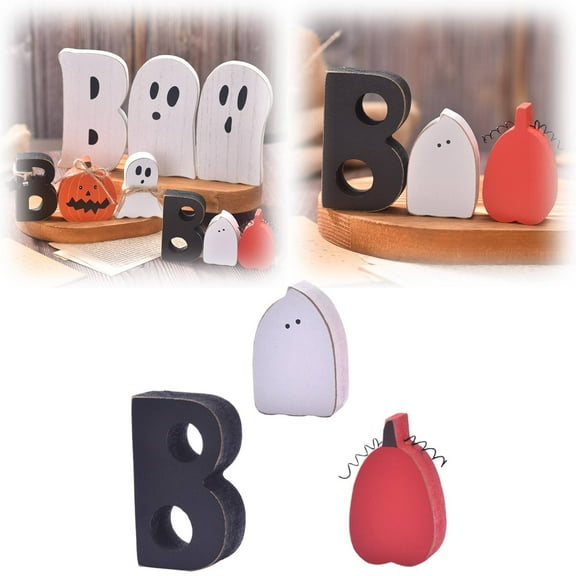 CAIMYY Farmhouse Black & White Halloween Wooden BOO Ghost Decor - 3-Piece Vintage Rustic Signs for Tabletops, Shelves & Office, Waterproof Wood, Perfect for Spooky Cute Home Decor & Gifts