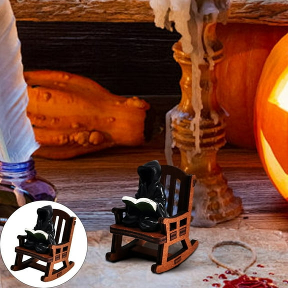 CAIMYY Gothic Decor Statue - Miniature Grim Reader Figurine Sitting in Wooden Rocking Chair, Dark Academia Bookshelf Decor, Halloween Home Decor, Resin Collectible for Goth Aesthetic