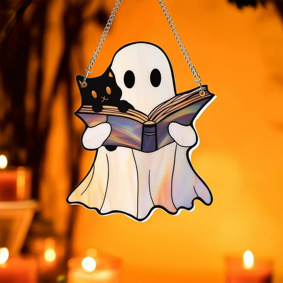 CAIMYY Halloween Acrylic Hanging Ornaments - Set of Cute Flat Decorations with Rainbow Light Effect - Spooky Festive Decor for Windows Doors Car Mirrors - Durable 2D Hanging Orbs