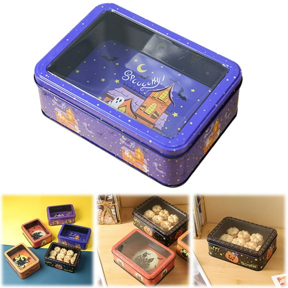 CAIMYY Halloween Candy Tin with Lid Blue Purple Reusable Metal Storage for Cookies and Festive Treats