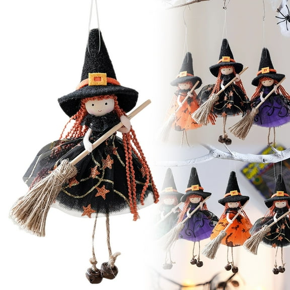 CAIMYY Halloween Witch Figurine with Skirt Hangable Doll Ornament for House Room Door Window Party Decoration (Orange/Black/Green/Purple)