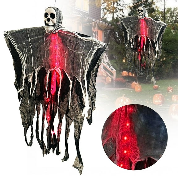 CAIMYY Haunted Halloween Decorations - Motion Activated Glowing Hanging Ghost with Eerie Sounds & Red LED Lights - Scary Yard Props for Porch Trees Indoor Outdoor