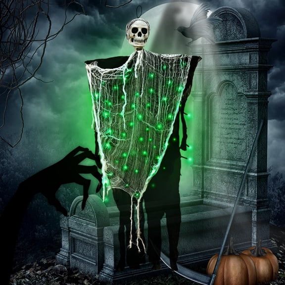 CAIMYY Life-Size LED Hanging Skeleton Decor - 35" Light-Up Grim Reaper for Halloween - Indoor/Outdoor Scary Decorations with Adjustable Arms & Flowing Robe - Battery Operated