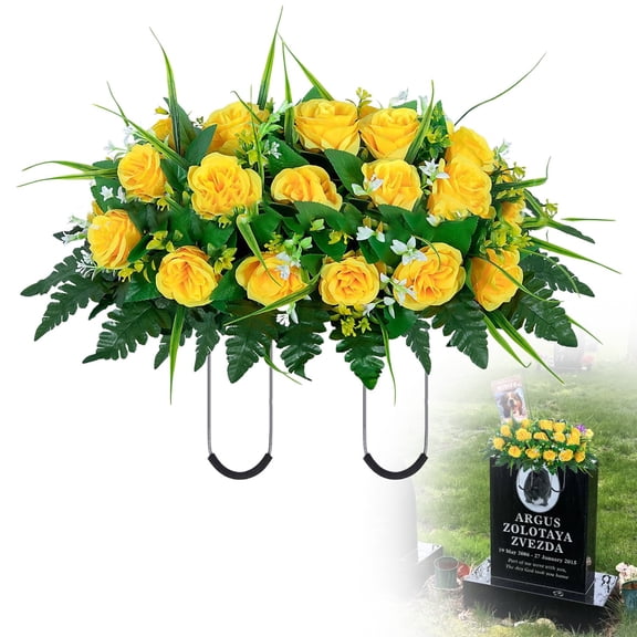 CAIMYY Lifelike Saddle-Shaped Memorial Wreath - Artificial Rose & Greenery Cemetery Decor for Headstones, Veterans Day & Mothers Day Remembrance, Wind-Resistant Design