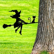 CAIMYY Whimsical Metal Witch on Broomstick with Cat - Outdoor Halloween Decor for Tree/Wall Mount, Weatherproof Garden & Porch Art, Perfect Gift for Witch Lovers & Enthusiasts