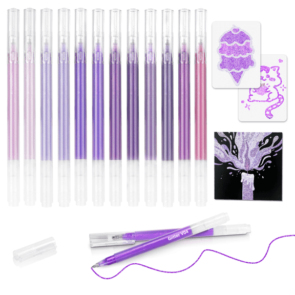 CAISEXILE 12 Purple Glitter Gel Pens Set, 1.0 mm Fine Point for Black Paper & White Paper, Large Capacity Pens for Journaling, Adult Coloring Books, Drawing, Note Taking, Highlighting
