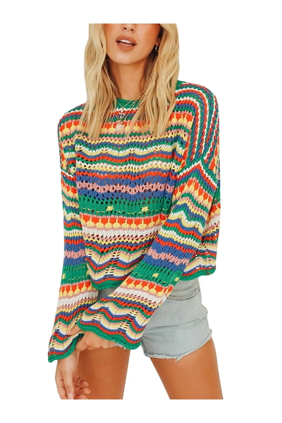 Women Crochet Long Sleeve Crop Tops Color Block Hollow Out Sexy Square Neck Knitted Pullover Y2k Sweaters Tops, S/ M/ L/ XL