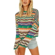 CAITZR Women Crochet Long Sleeve Crop Tops Color Block Hollow Out Sexy Square Neck Knitted Pullover Y2k Sweaters Tops, S/ M/ L/ XL