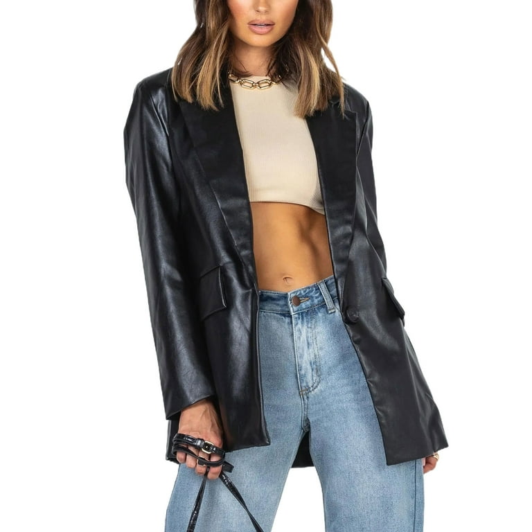 Faux leather open front jacket sales