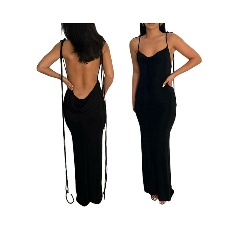 CAITZR Women Sexy Backless Maxi Dress Y2k Spaghetti Strap Open Back Dress  High Split Cami Long Dresses Party Clubwear