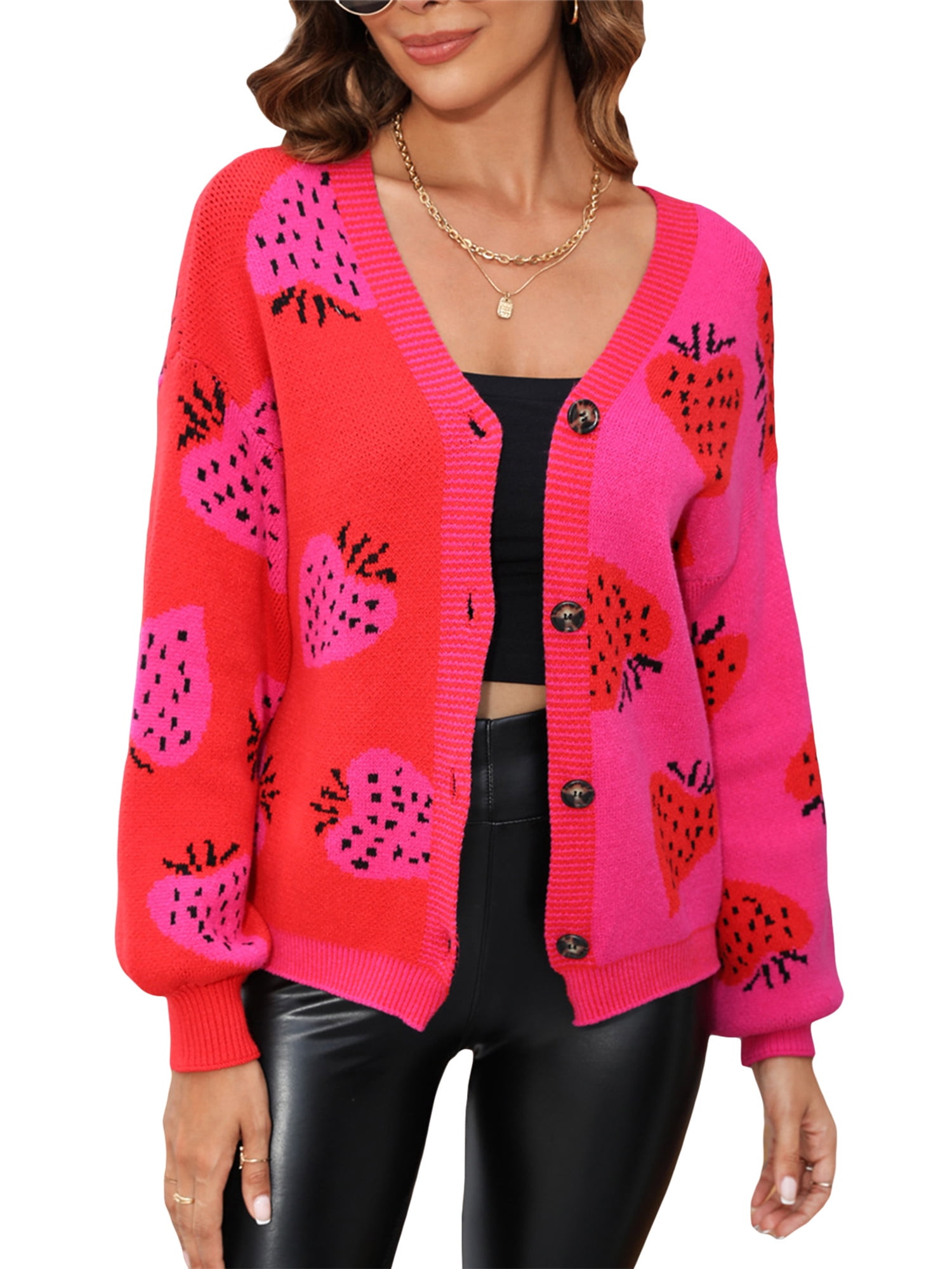 CAITZR Women's Cardigan Sweaters Strawberry Print Long Sleeve Button