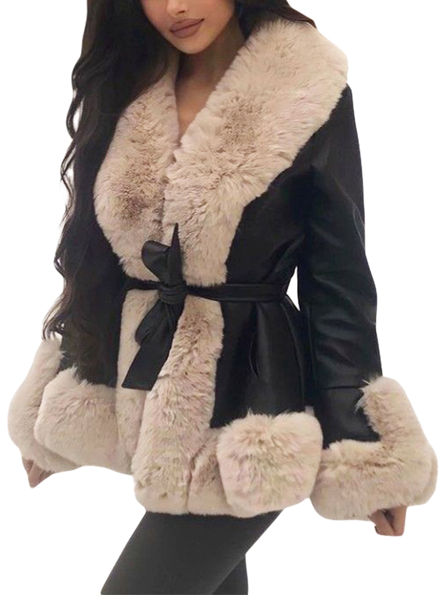CAITZR Women's Fuzzy Fleece Lapel Plush Collar Open Front Cardigan Coat